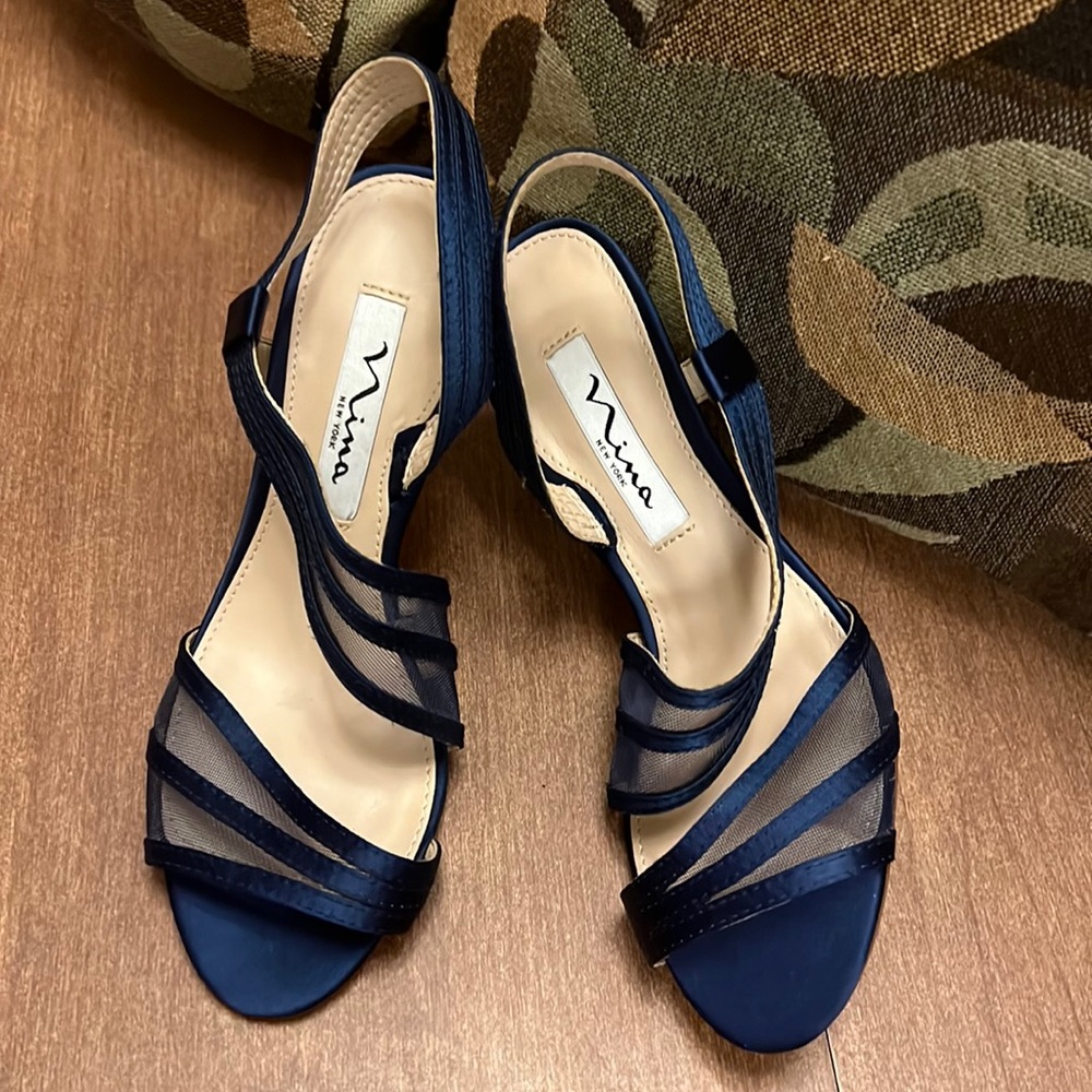 Nina of New York Blue Dress 3 1/2 in. Heels open toe W/mesh between straps (New)